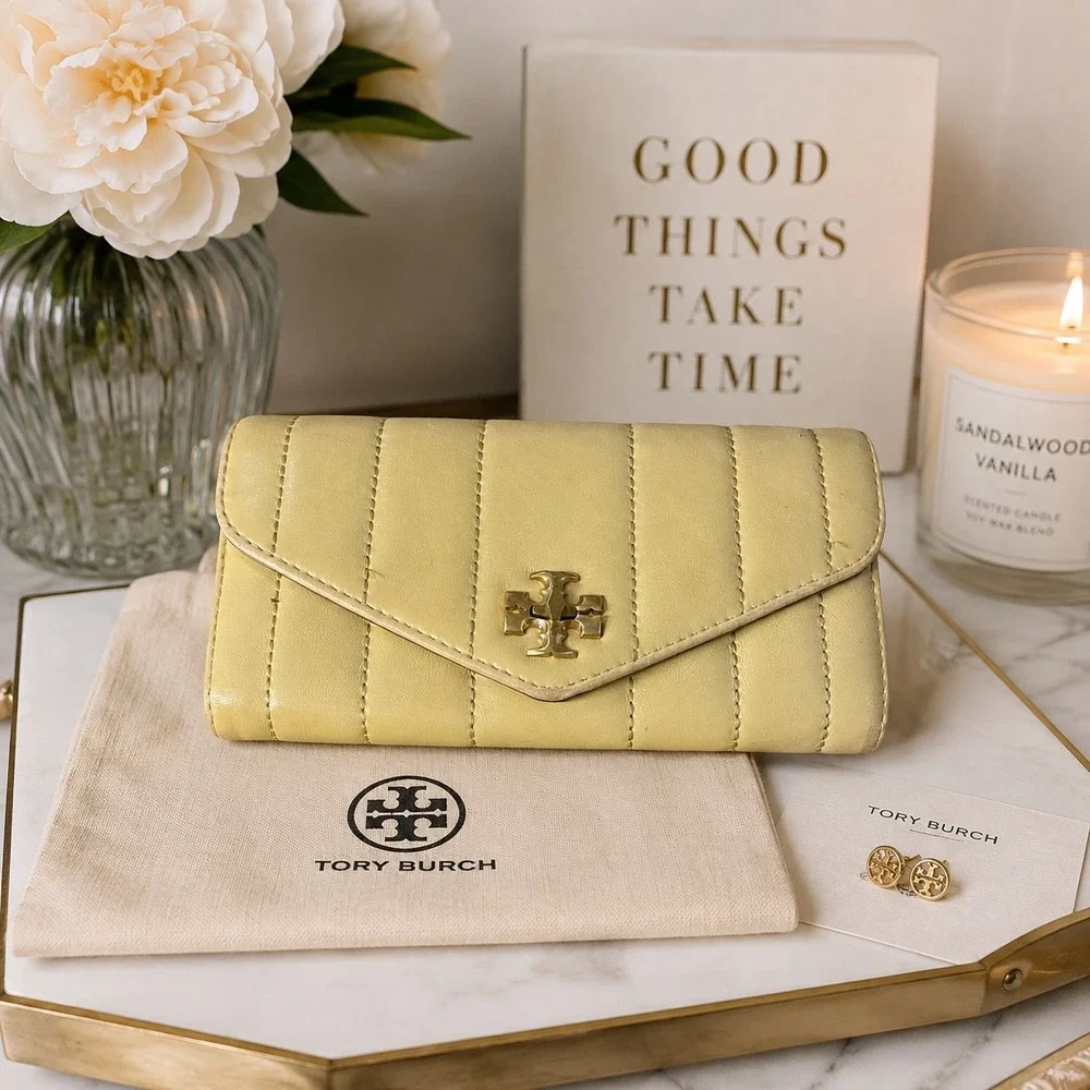 Tory Burch Kira Quilted Leather Envelope Wallet Pale Yellow Gold Hardware